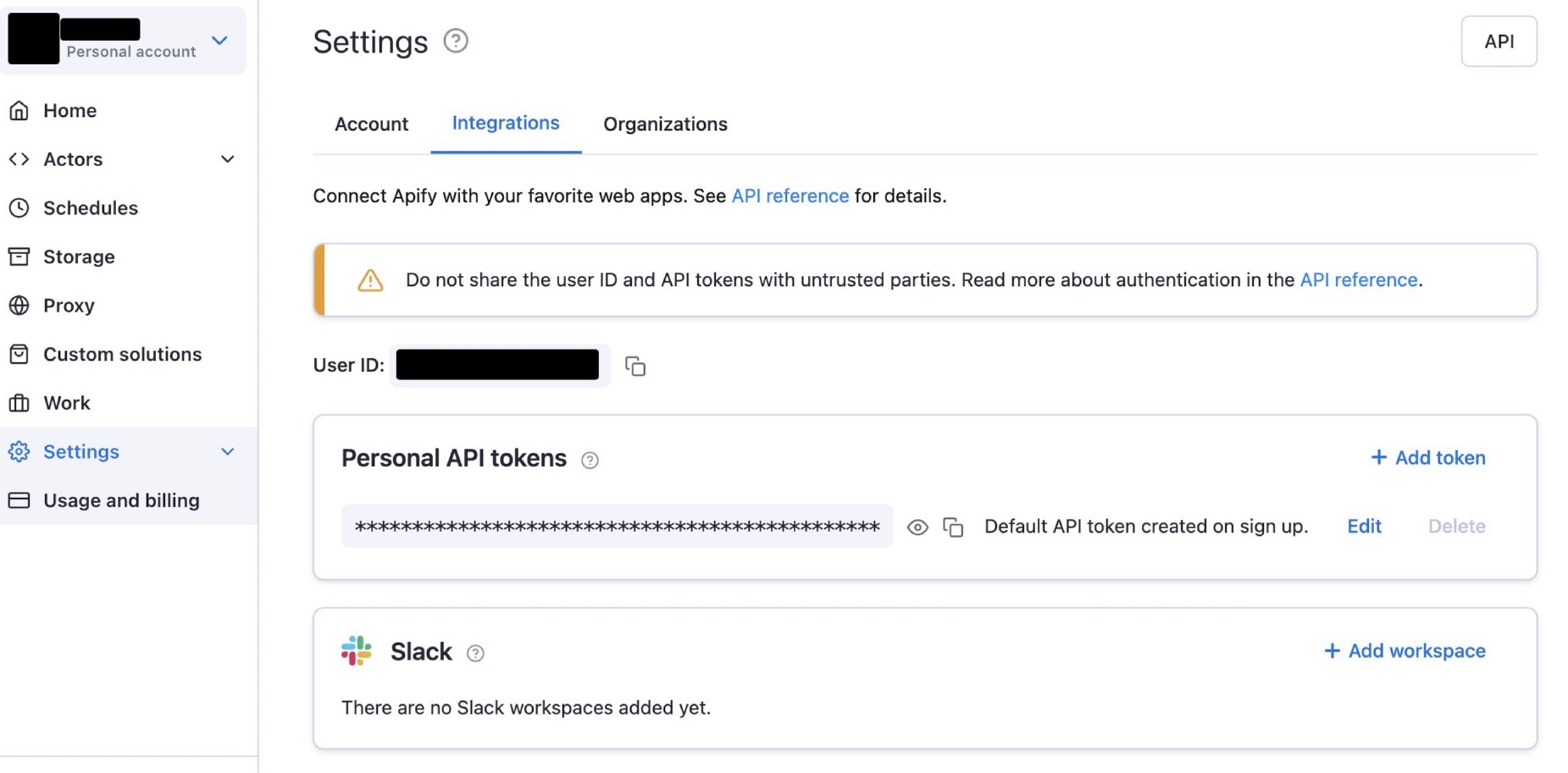 Integrations tab on the Apify platform